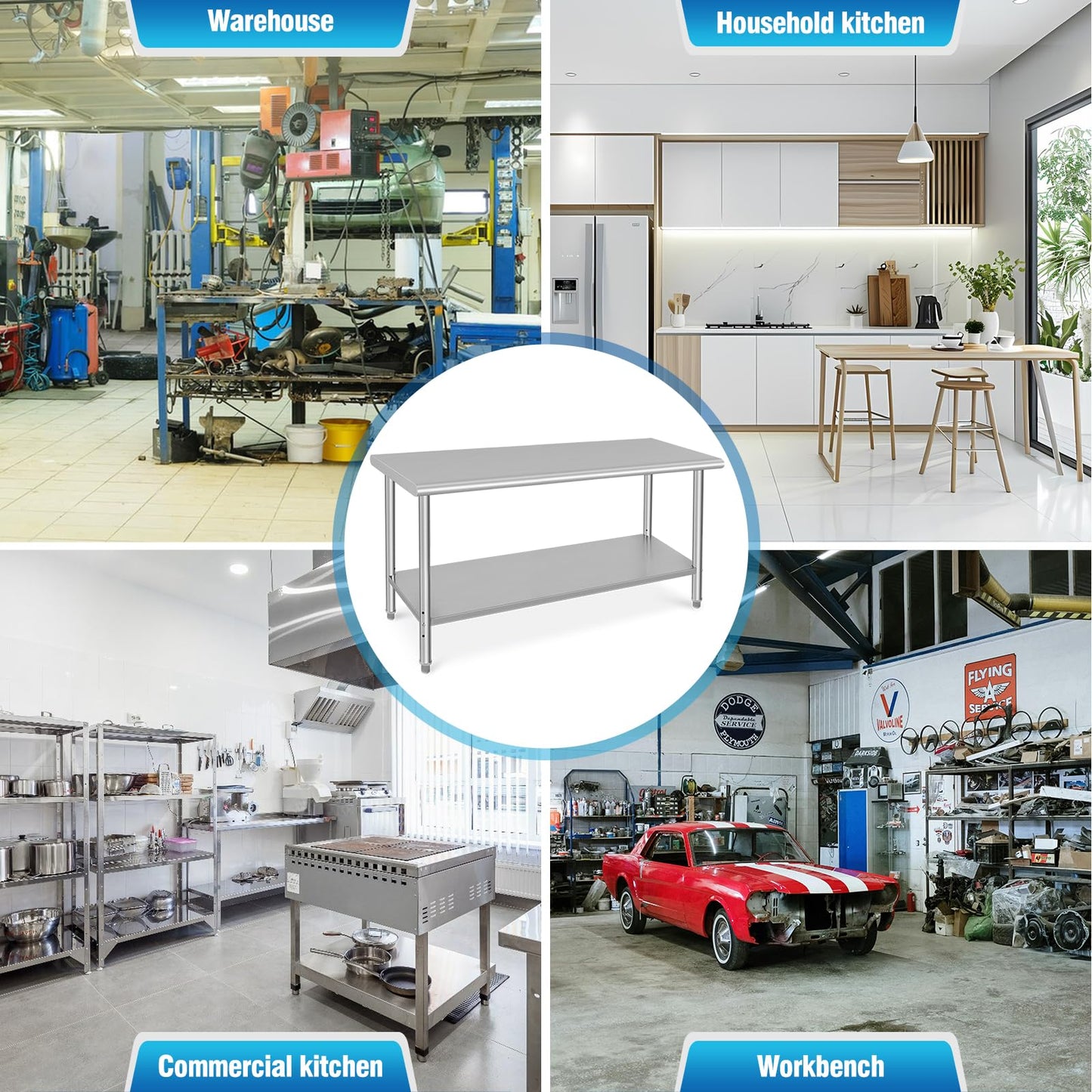 GARVEE 60"L x 24"W x 35"H Stainless Steel Prep Table - NSF Certified Heavy-Duty Commercial Table with Undershelf for Kitchen, Outdoor Cooking, Dining Room, Garage, and Laundry Room