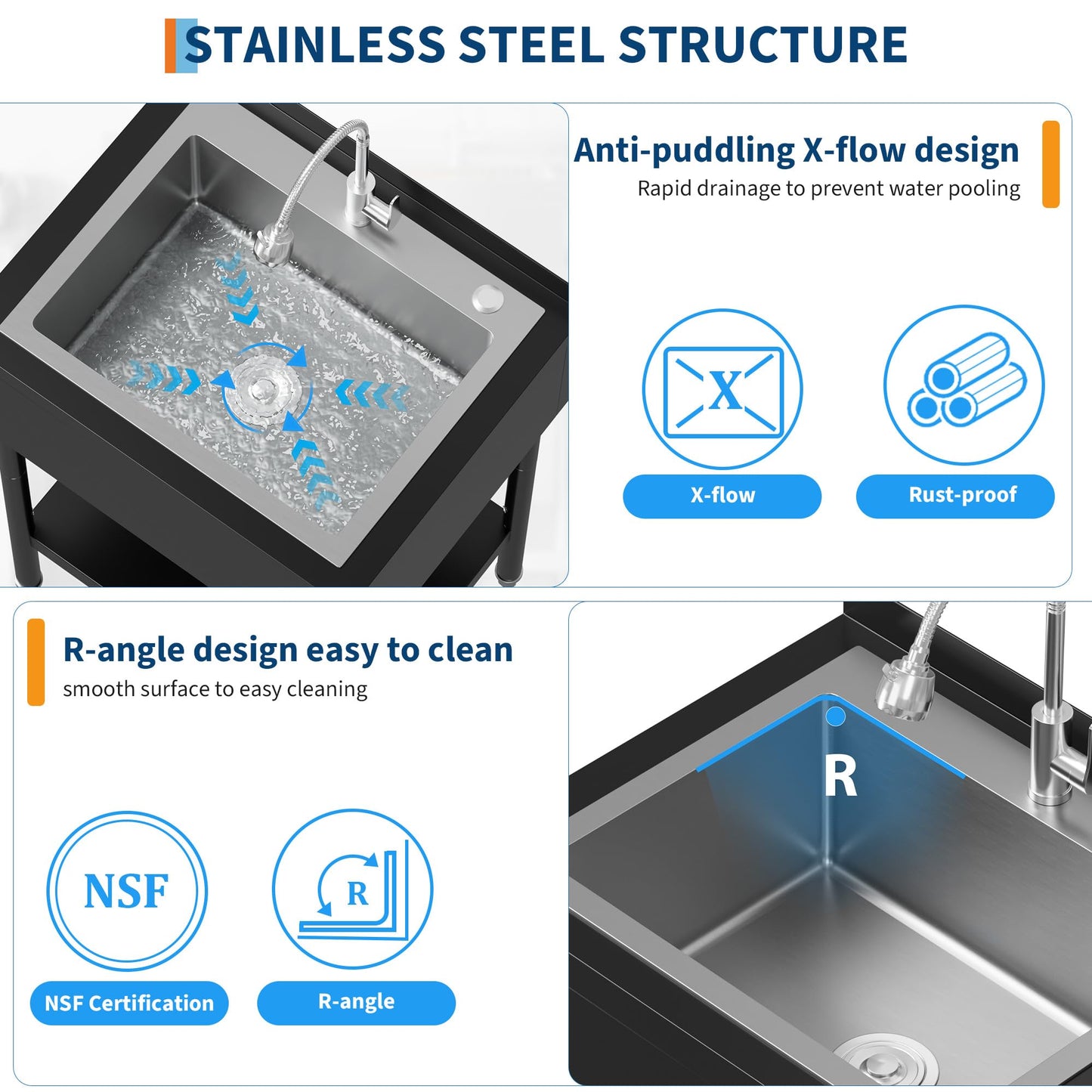 Garvee 21"D X 26"W X 40"H Commercial Stainless Steel Utility Sink With Hot & Cold Water Faucet, Drain Basket For Indoor & Outdoor Use, Black