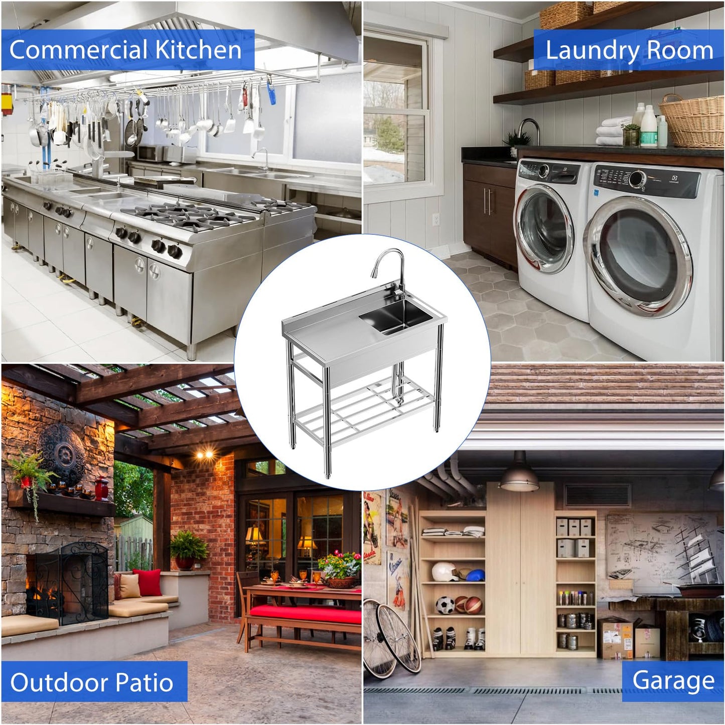 Garvee 47"W x 20"D x 37"H NSF Certified Stainless Steel Sink - Single Bowl with Pull-Out Faucet & Worktop for Restaurant, Garage, Outdoor