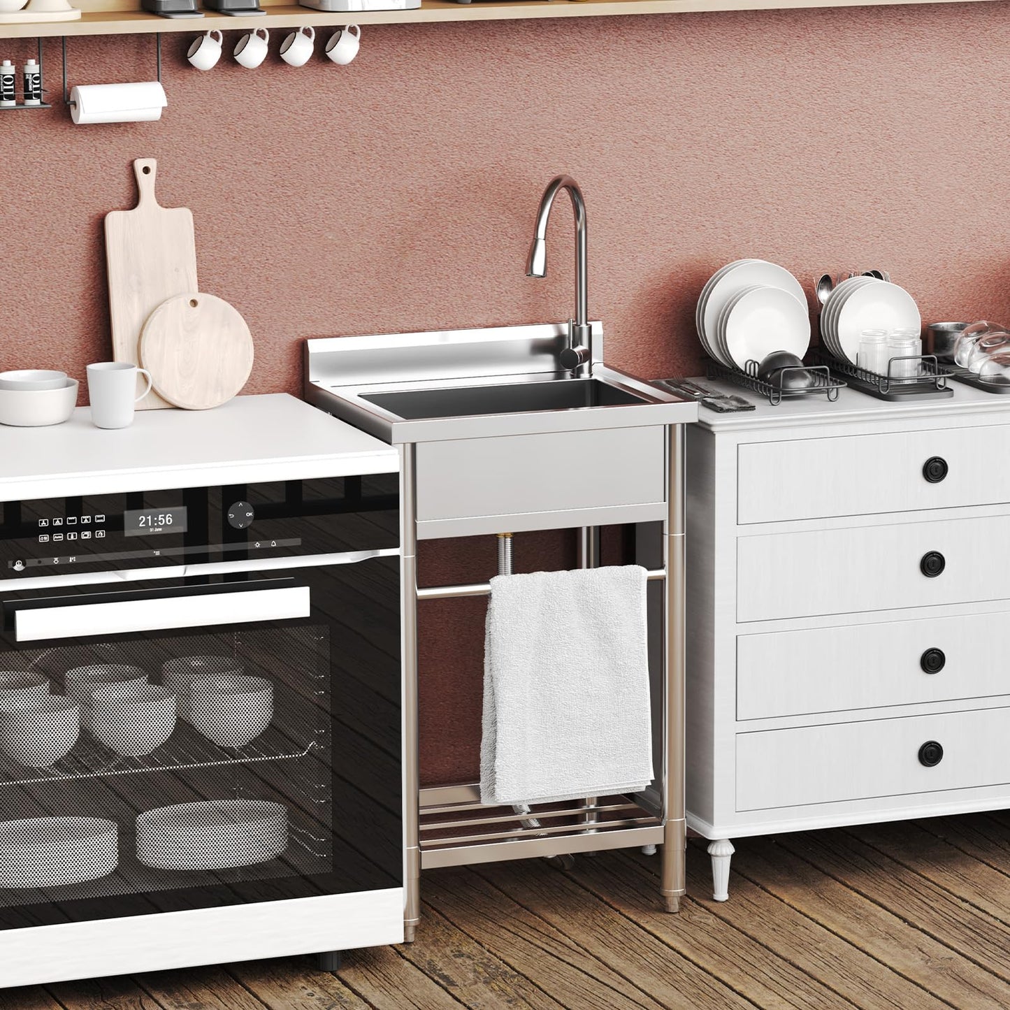 Garvee 24"W x 20"D x 41"H Freestanding Utility Sink - Stainless Steel Commercial Kitchen Sink with Faucet, Hot & Cold Hoses, and Storage Shelf for Laundry Room, Backyard, Garage