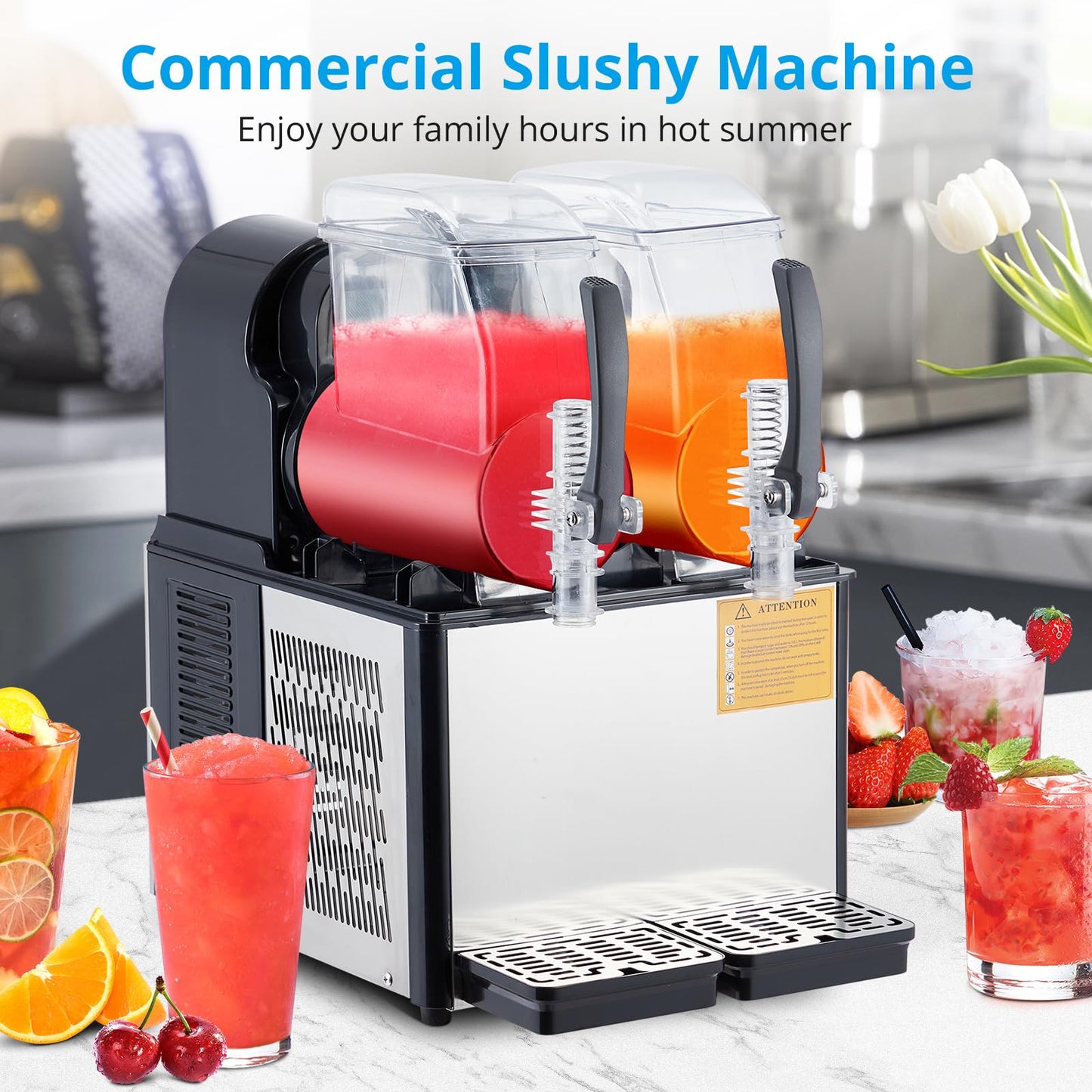 Garvee Commercial Slushie Machine 4Lx2 Stainless Steel 300W Self-Cleaning Double Tank for Home Coffee Shop Restaurant