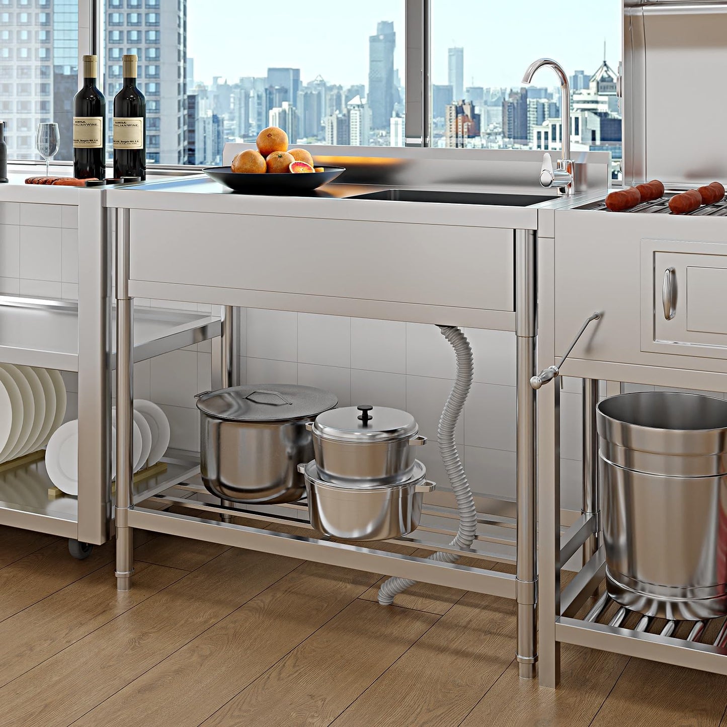 Garvee 20"D x 39"W x 37"H Free Standing Utility Sink Single Bowl Stainless Steel Commercial Kitchen Sink With Hot And Cold Water Pipe Indoor Outdoor Silver