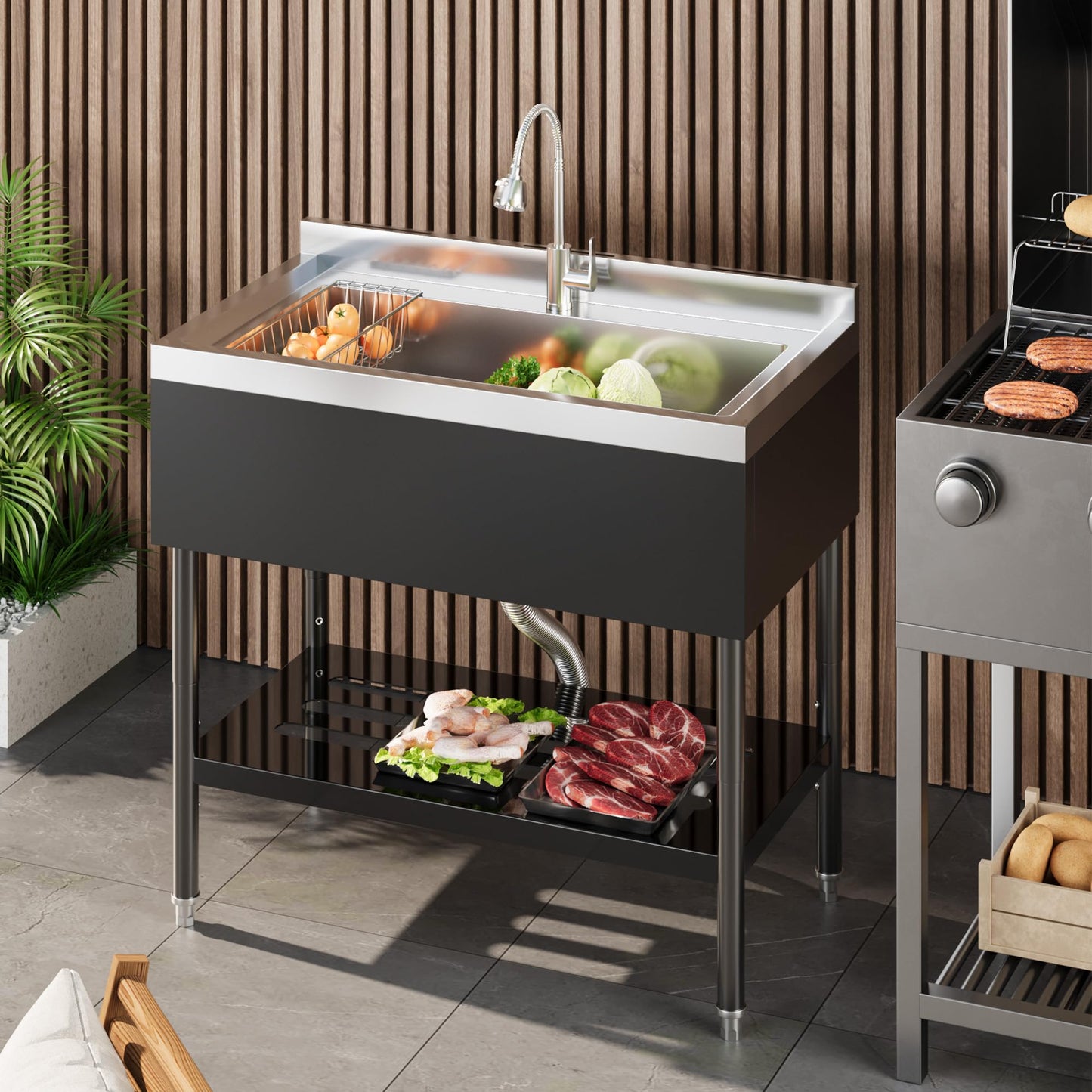 Garvee 20"D X 36"W X 35.5"H Commercial Stainless Steel Utility Sink, Black, Freestanding Kitchen Sink with Hot & Cold Water Faucet for Indoor and Outdoor Use