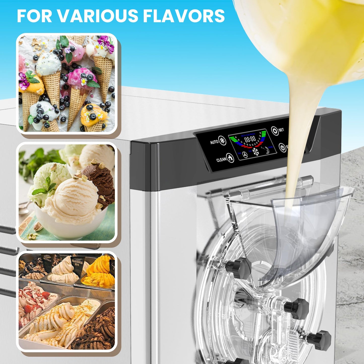 Garvee 2200W Commercial Hard Ice Cream Machine - 6.3Gal/H High Output, Self-Cleaning LCD Touch Screen for Cafes, Bubble Tea Shops & Restaurants (FDA Stainless Steel)