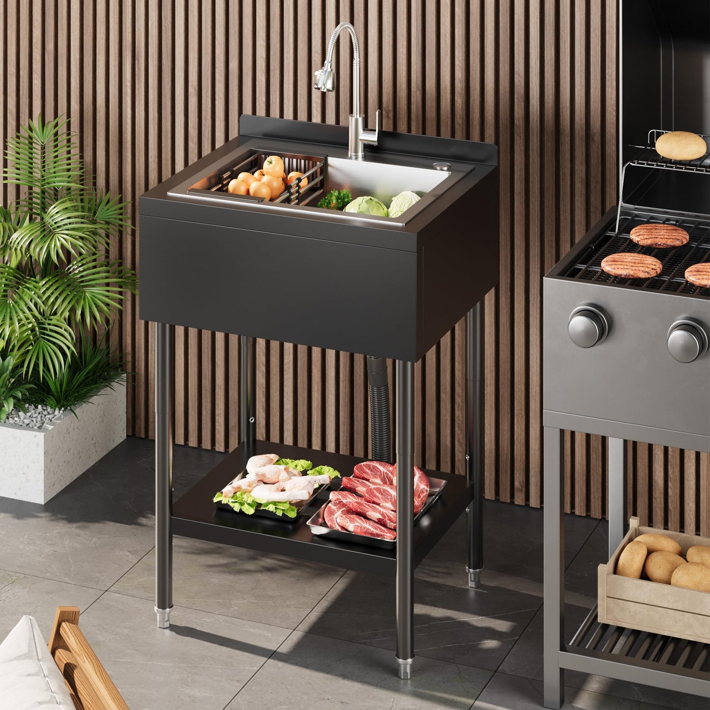 Garvee 21"D X 26"W X 40"H Commercial Stainless Steel Utility Sink With Hot & Cold Water Faucet, Drain Basket For Indoor & Outdoor Use, Black