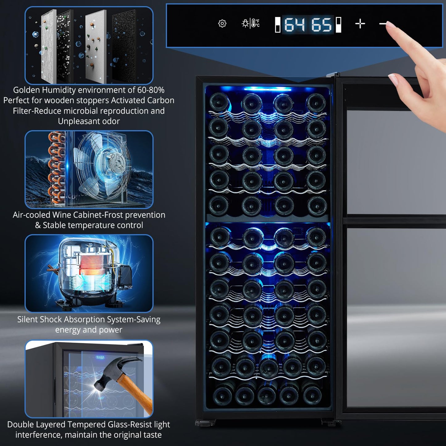 Garvee 80 Bottles Dual Zone Wine Cooler LED Touch Display | UV Protection Glass Door Wine Fridge | 41-64°F Temperature Control | Quiet Compressor Wine Cellar for Red & White Wine