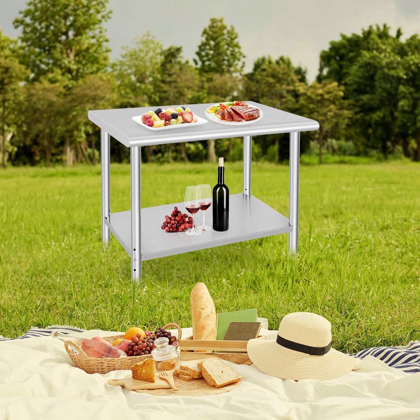 GARVEE 36"L x 24"W x 35"H Stainless Steel Prep Table - NSF Certified Heavy-Duty Commercial Kitchen Table with 4 Wheels and Undershelf for Outdoor Cooking, Dining Room, Garage, Laundry Room, and Kitchen