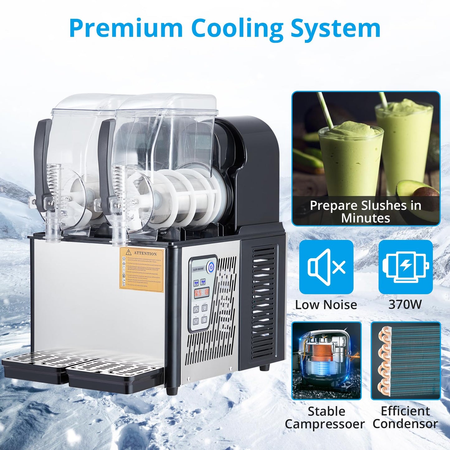 Garvee Commercial Slushie Machine 4Lx2 Stainless Steel 300W Self-Cleaning Double Tank for Home Coffee Shop Restaurant