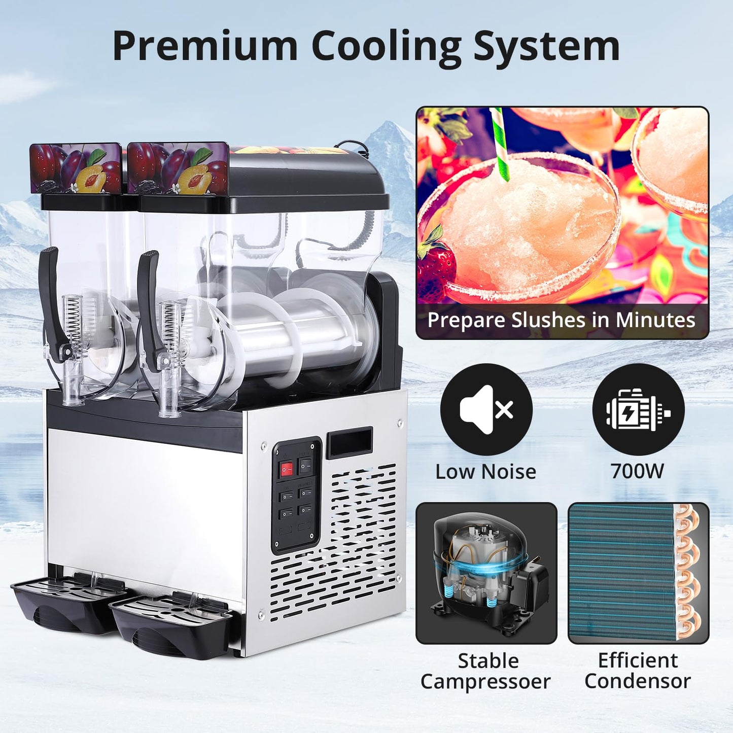 Garvee 30L Commercial Slushy Machine 700W Stainless Steel Self-Cleaning Produces 120 Cups/Hour for Margaritas Smoothies Cocktails Homes Coffee Shops Restaurants