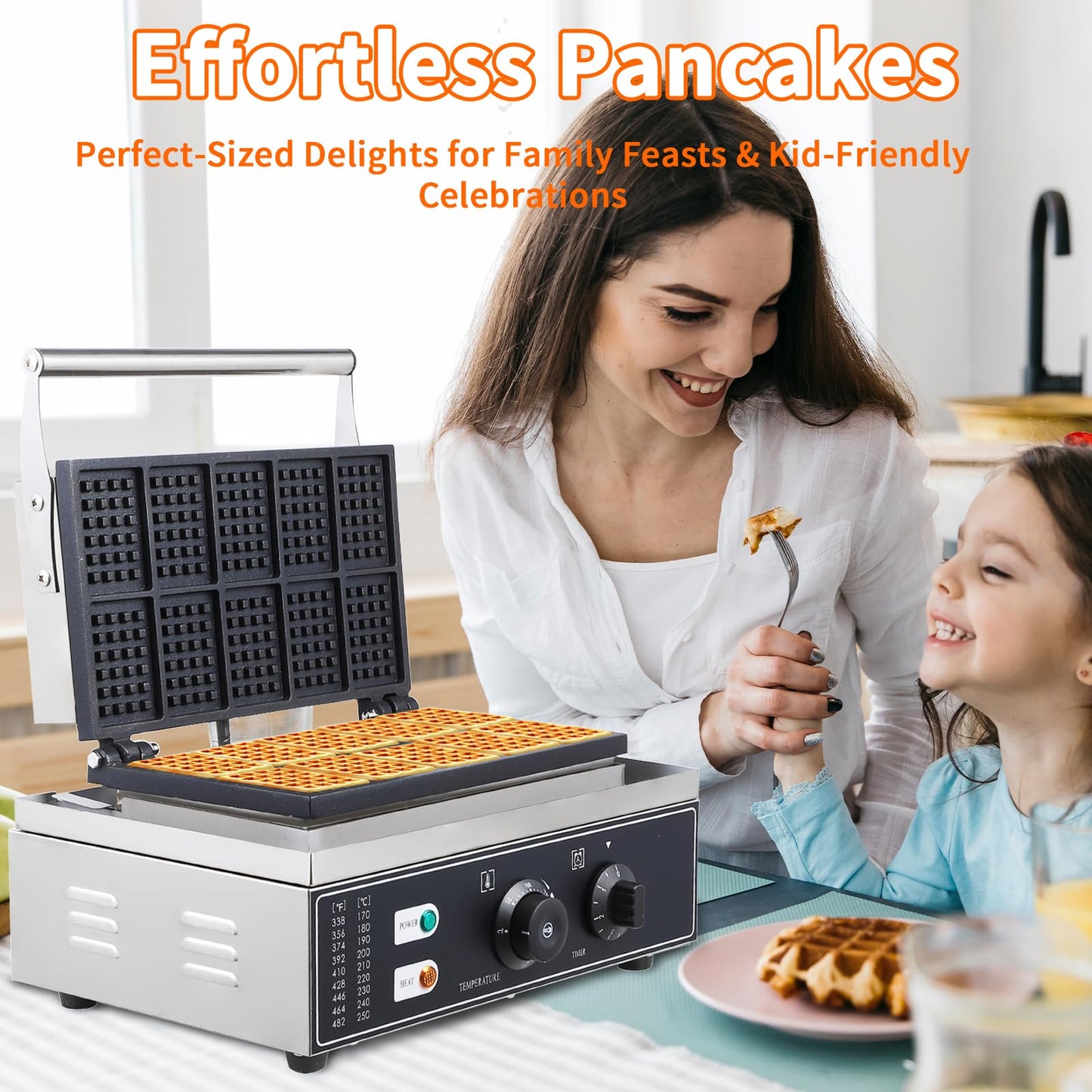 Garvee Commercial Rectangle Waffle Maker -10pcs Nonstick Electric Waffle Maker Machine Stainless Steel 110V Temperature and Time Control Heart Belgian Waffle Maker Suitable for Restaurant Snack Bar