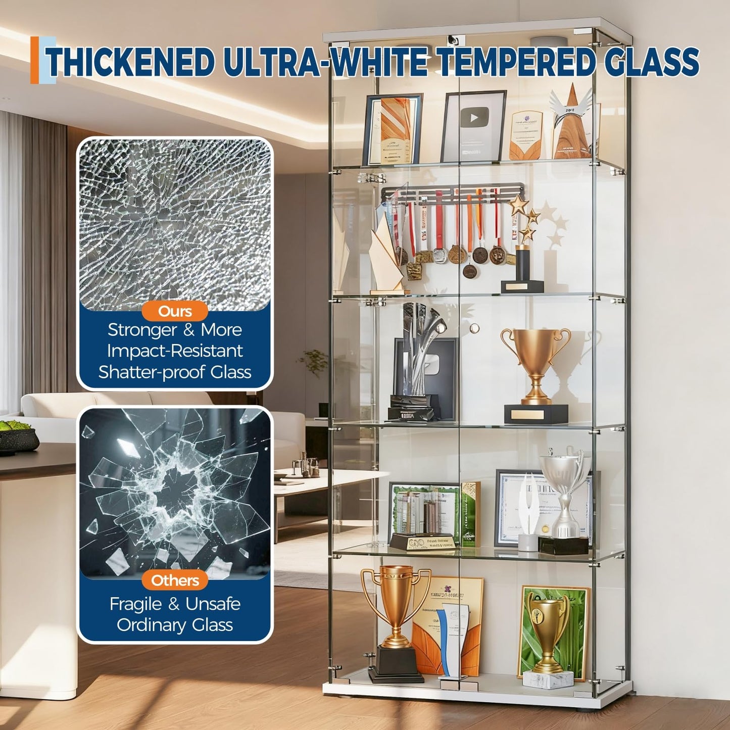 GARVEE Glass Display Case with LED Lights 32"L x 14"W x 74"H Tempered Glass Display Case, 5 Adjustable Lighted Bar Shelves with Lock, Slim Depth for Bar Bottle Storage, Living Room, Bedroom, or Office (White)