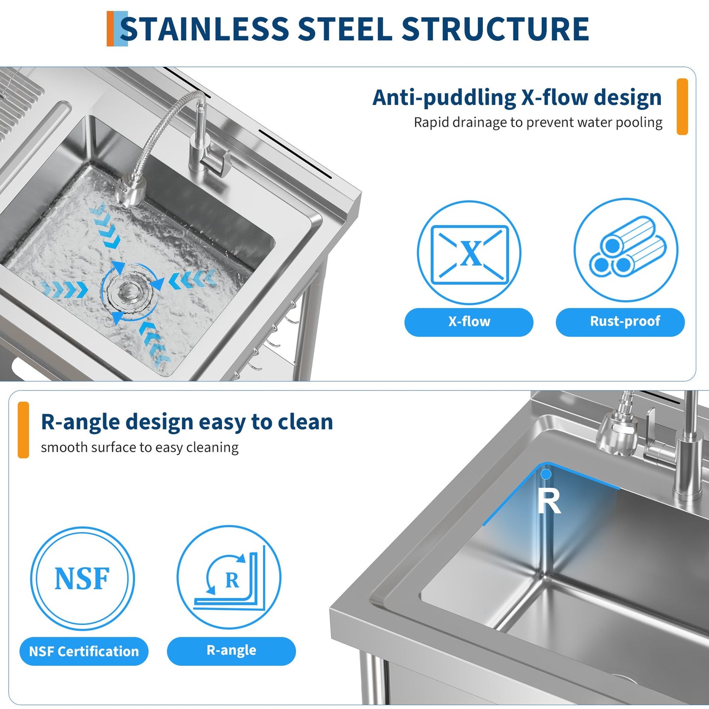 Garvee 20"D X 40"W X 39"H Stainless Steel Laundry Utility Sink, Freestanding Single Bowl Kitchen Sink with Hot & Cold Water Faucet, Built-In Wash Board, Drawer, Drain Basket, Dish Rack for Laundry Room, Garage, Durable Rust-Resistant