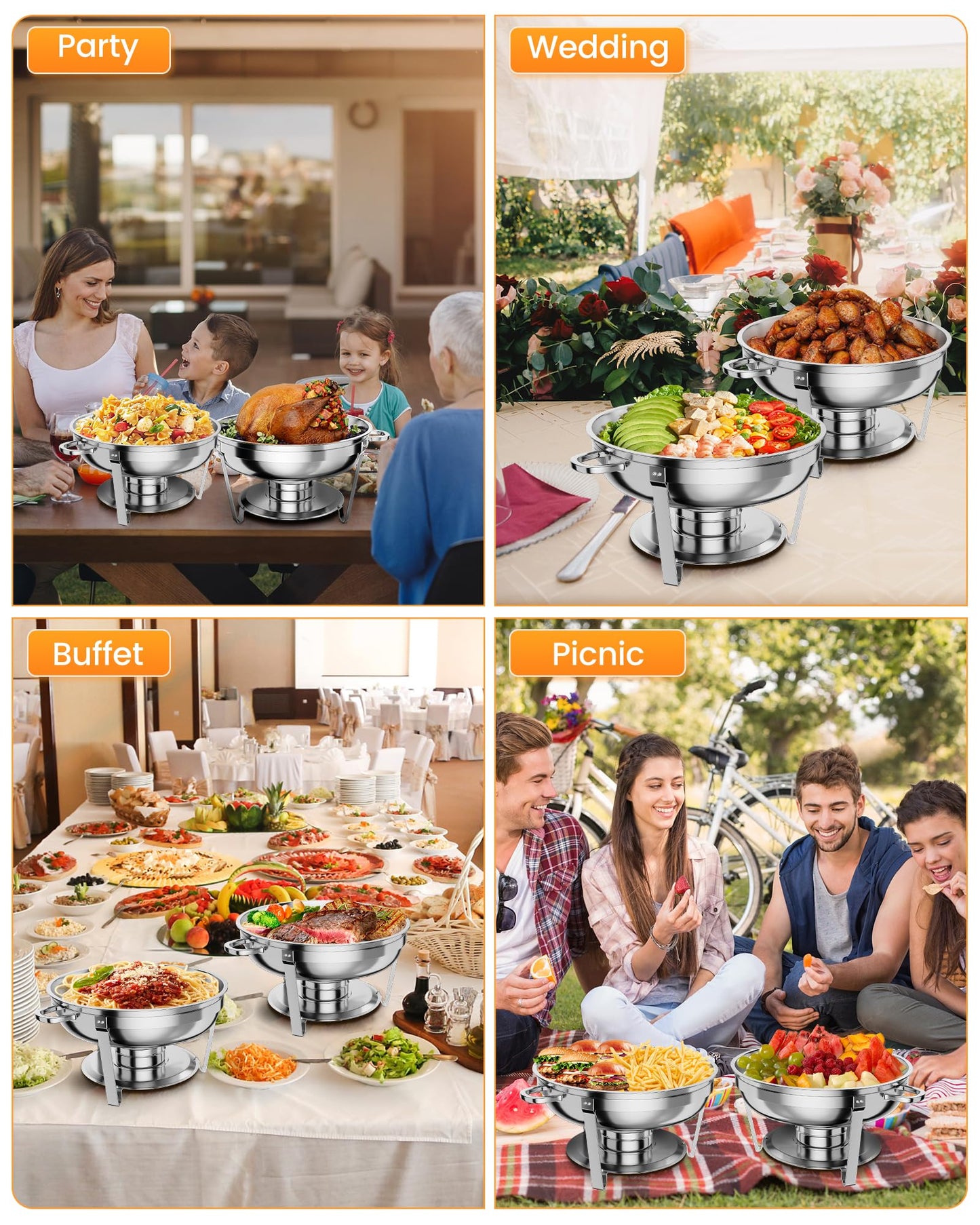 Garvee 5QT Chafing Dish Buffet Set of 4 Pack, Round Stainless Steel Food Warmers Buffet Servers Sets, Chafer with Food & Water Pan, Lid, Frame, Fuel Holder for Catering and Parties