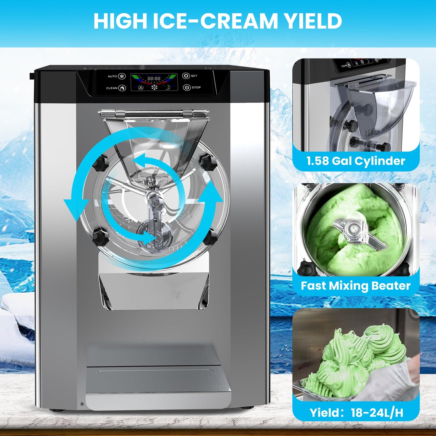 Garvee 2000W Commercial Hard Ice Cream Machine 6.3Gal/H High Output Self-Cleaning LCD Touch Screen 304 Stainless Steel for Cafes Restaurants Home