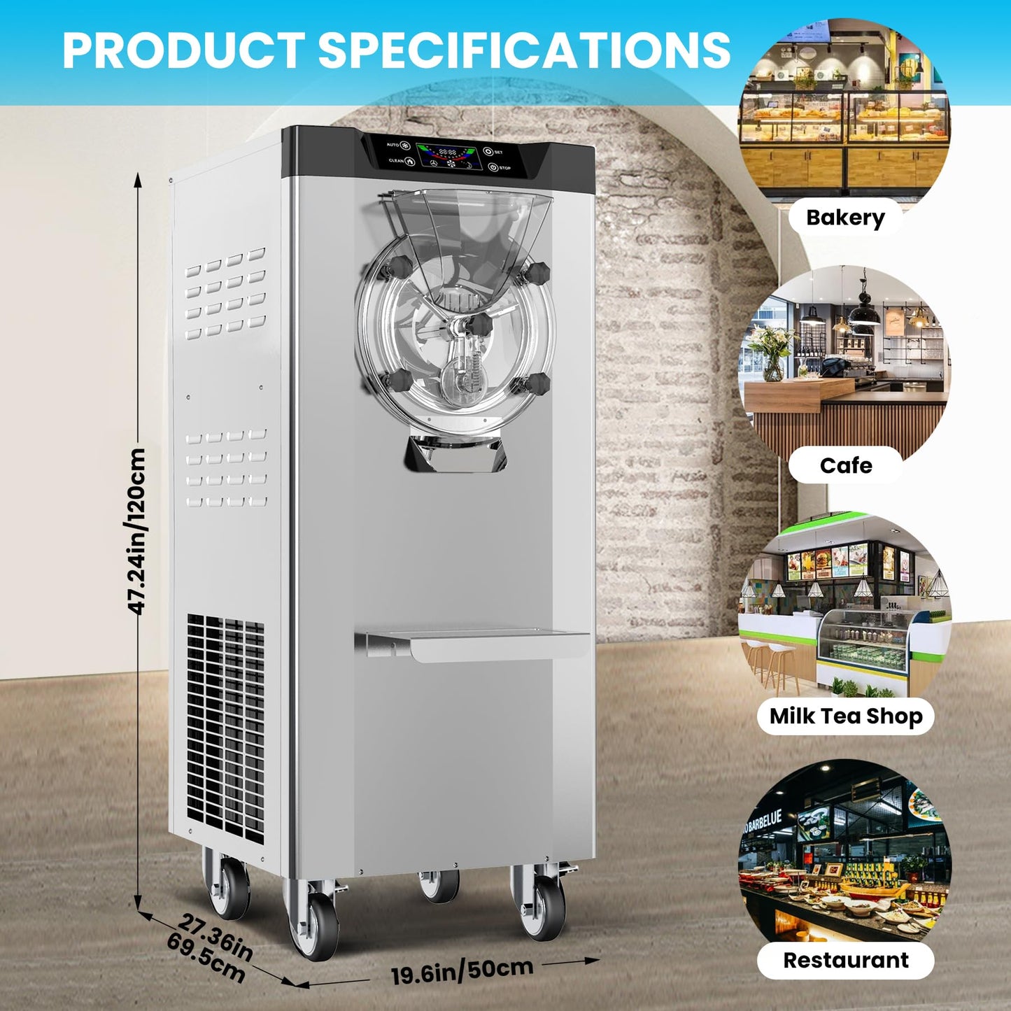 Garvee 2200W Commercial Hard Ice Cream Machine - 6.3Gal/H High Output, Self-Cleaning LCD Touch Screen for Cafes, Bubble Tea Shops & Restaurants (FDA Stainless Steel)