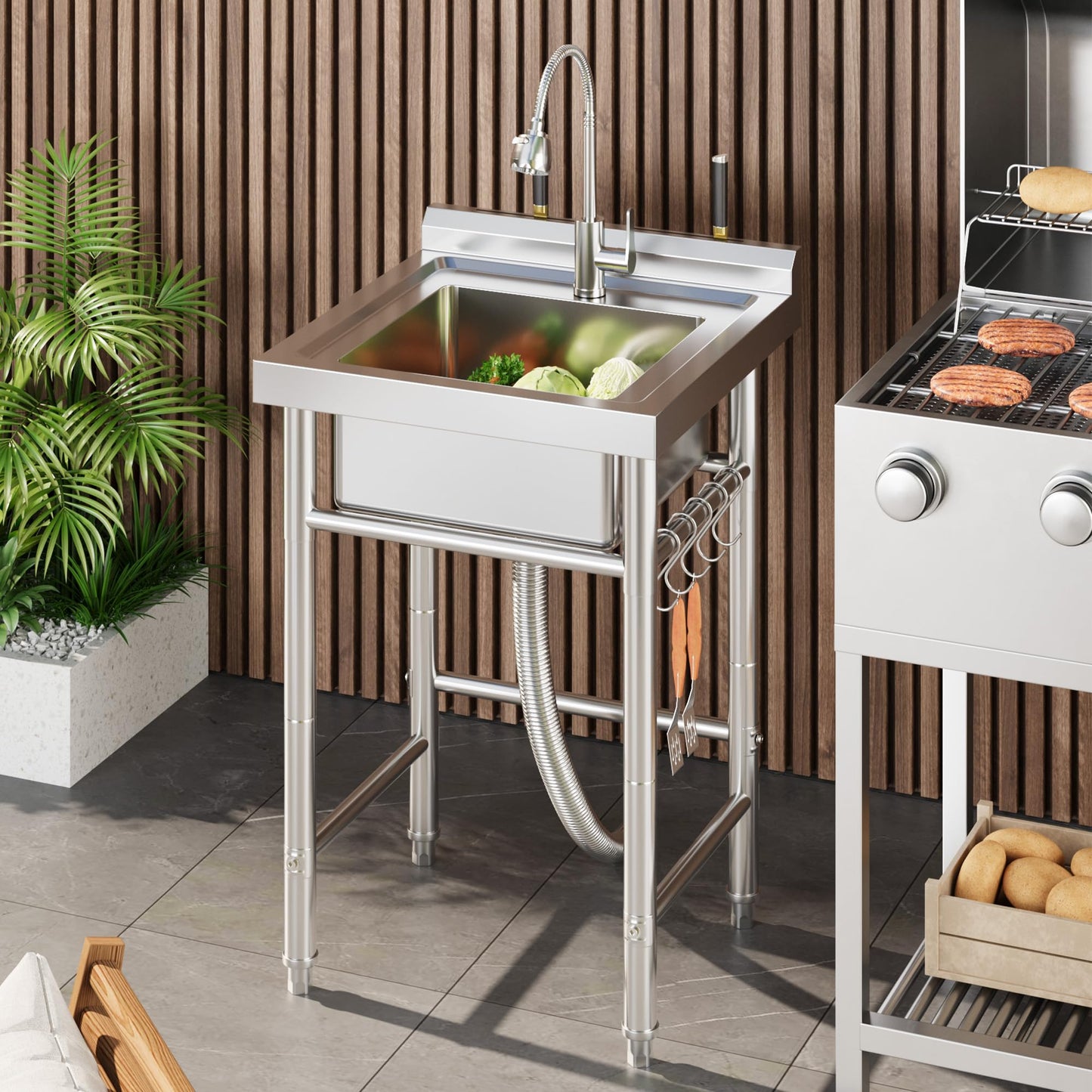 Garvee 20"D x 20"W x 31.5"H Small Stainless Steel Utility Sink Freestanding Single Bowl Kitchen Sink with Hot & Cold Water Faucet for Laundry Room Compact Apartments Basement Garage