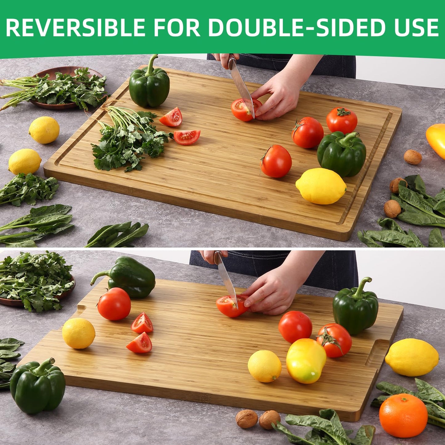 Garvee 24"x18" Large Cutting Board, Bamboo Wood Cutting Board for Kitchen with Handles and Juice Groove, Reversible Chopping Board for Meat, Cheese Board Charcuterie Serving Tray