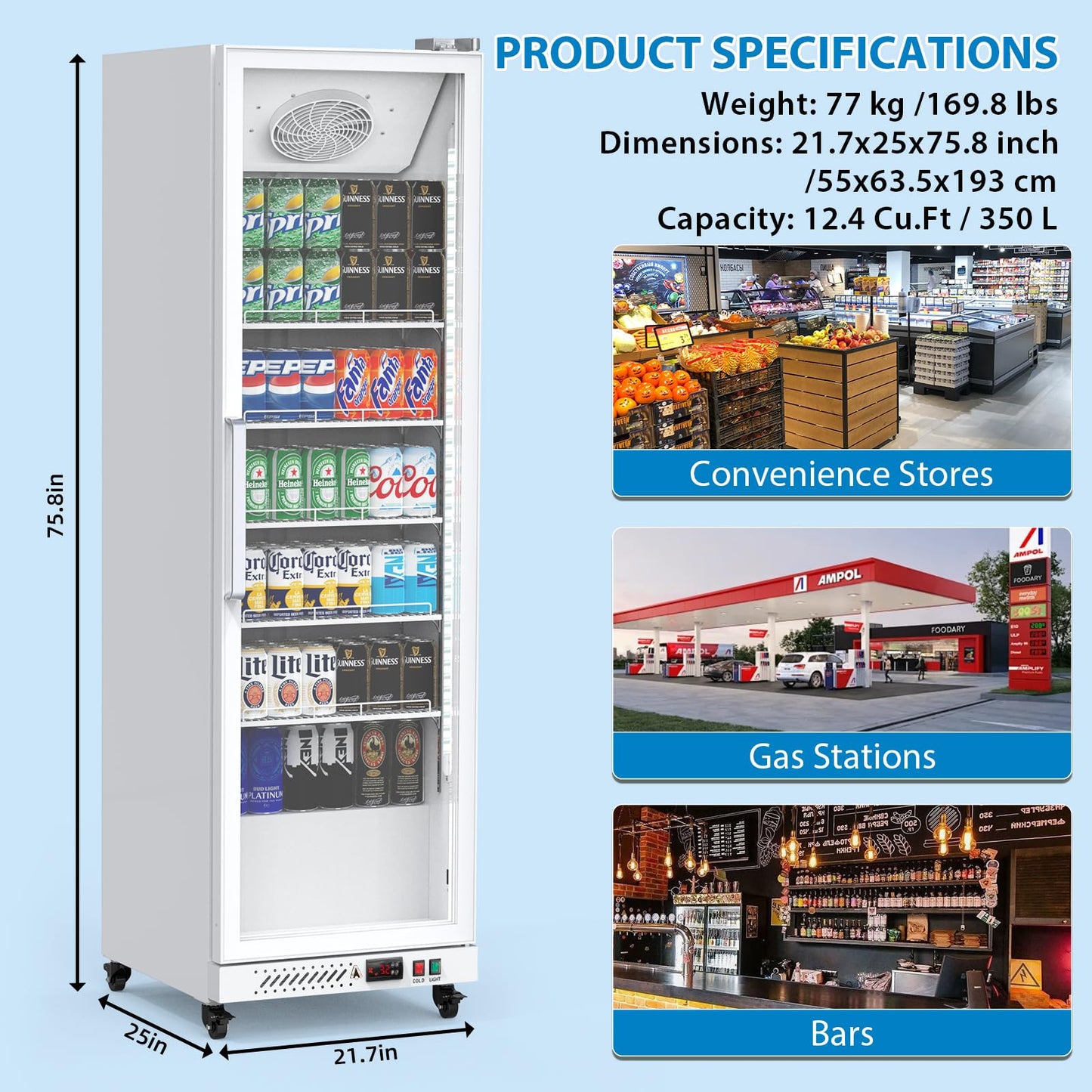 Garvee Commercial Display Refrigerator, 12.4 Cu.Ft Beverage Cooler, LED Light, Adjustable Shelves, Glass Door, Auto-Defrost, 360° Air-Cooling, Suitable for Bars and Stores