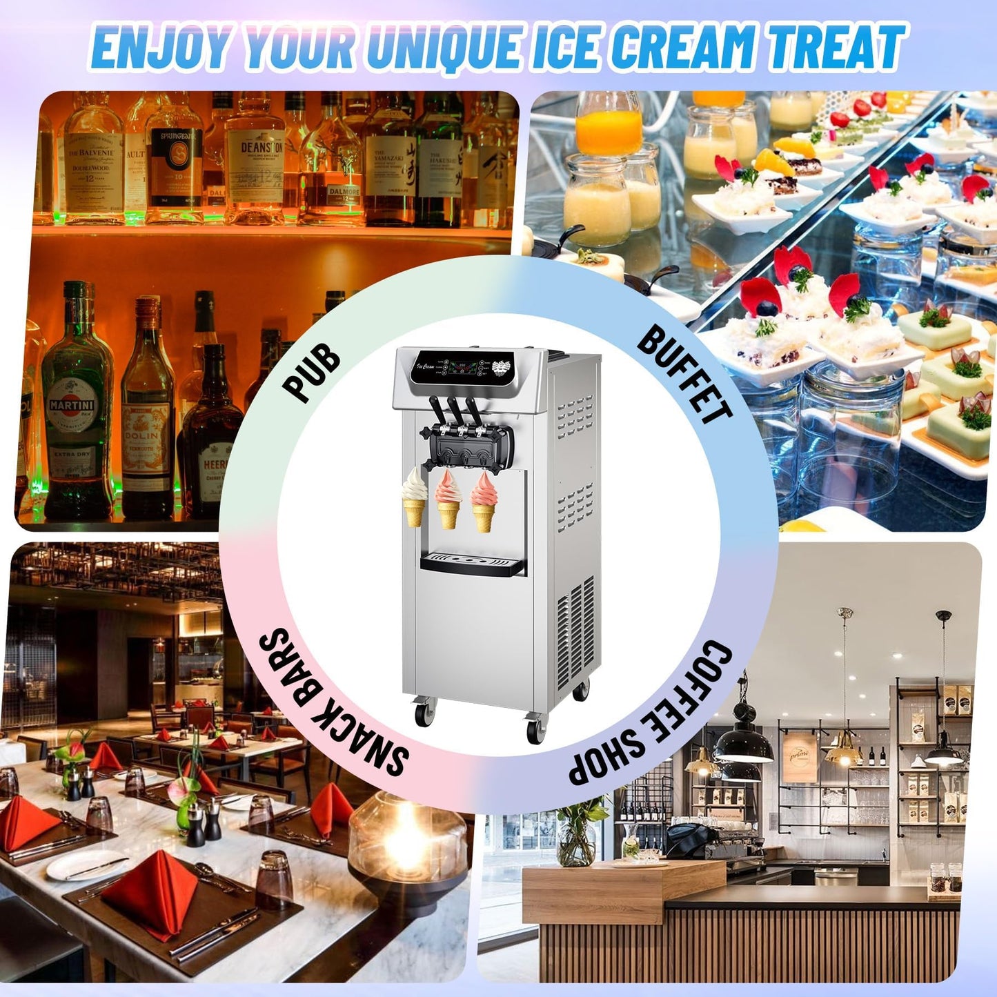 Garvee Commercial Soft Ice Cream Machine 3 Flavors Clean Led Panel Perfect for Restaurants Snack Bar Supermarkets 2200W (Without Pre-Chill)