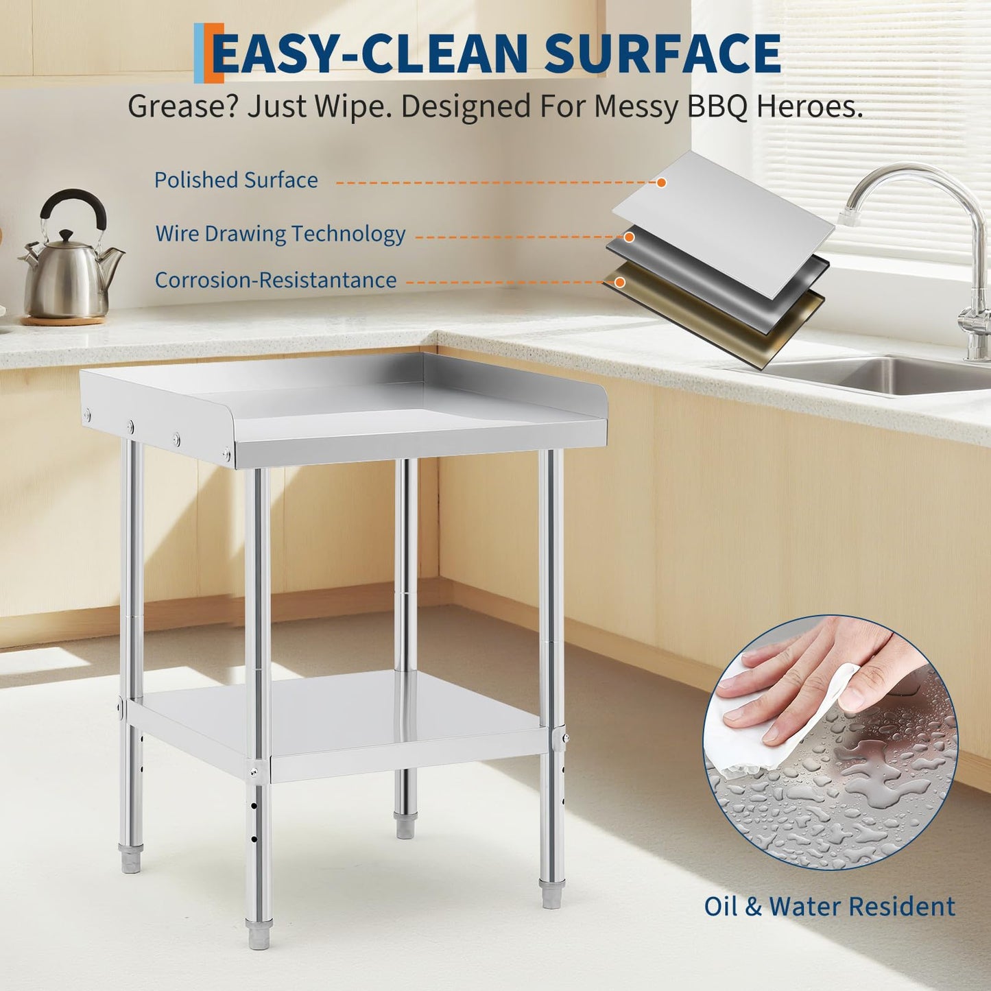 Garvee 48"L x 30"W x 30"H Stainless Steel Grill Stand Table NSF Certified, 400 lbs Capacity, Adjustable Legs, Removable Safety Baffle, Waterproof Tape, Commercial & Home Use