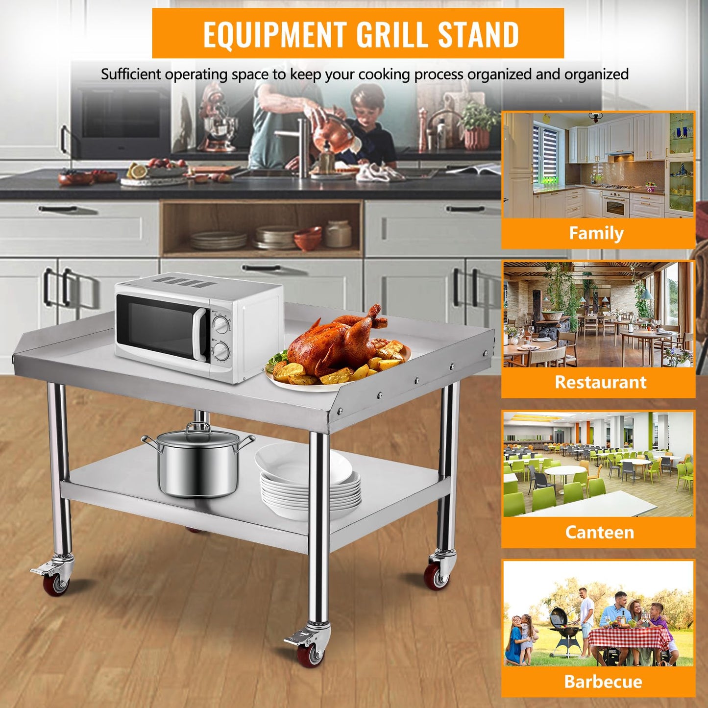 Garvee 24"L x 28"W x 24"H Stainless Steel Grill Stand Table with 1000 lbs Top Shelf, Adjustable Legs, 2" Edge Baffle for Hotels & Homes