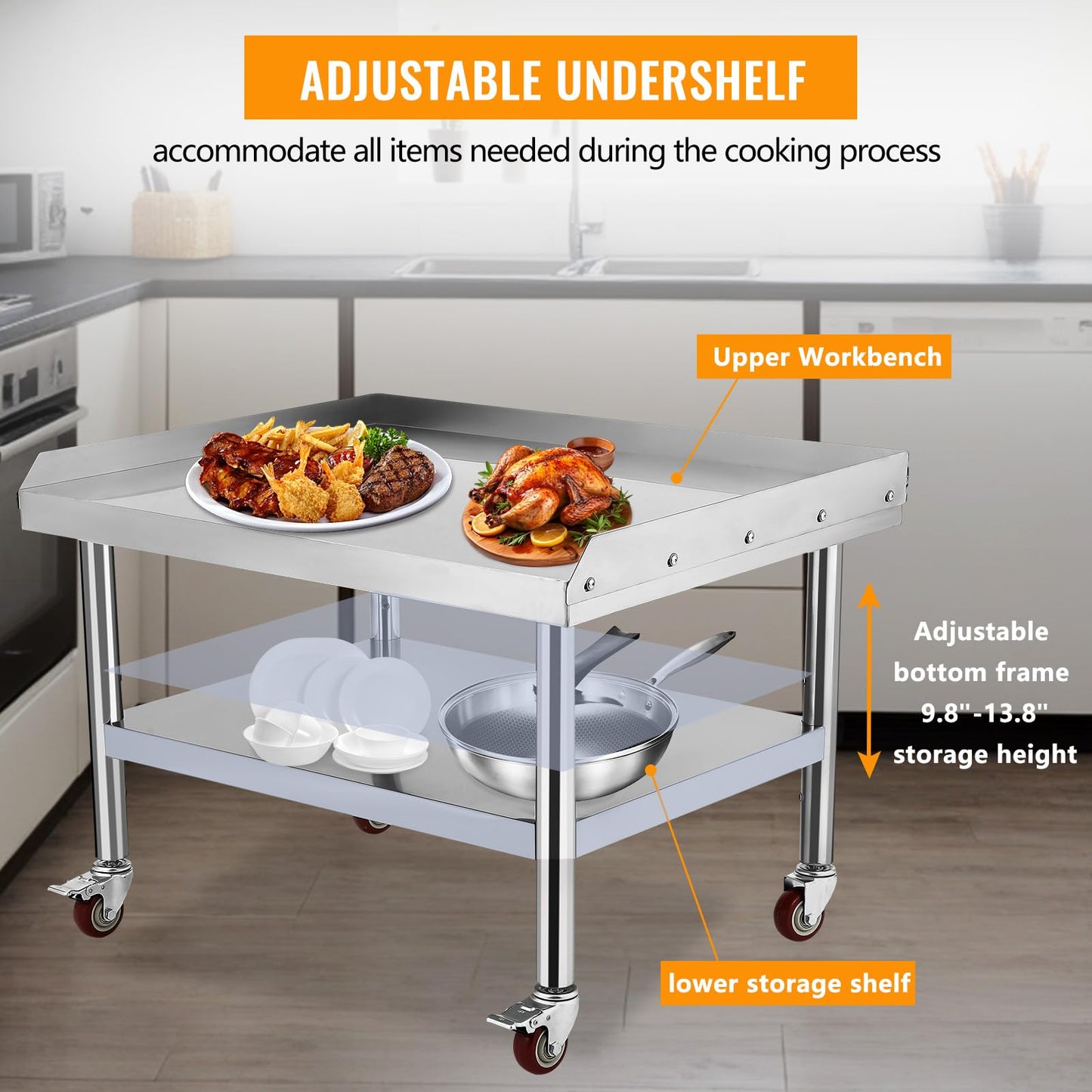 Garvee 24"L x 28"W x 24"H Stainless Steel Grill Stand Table with 1000 lbs Top Shelf, Adjustable Legs, 2" Edge Baffle for Hotels & Homes