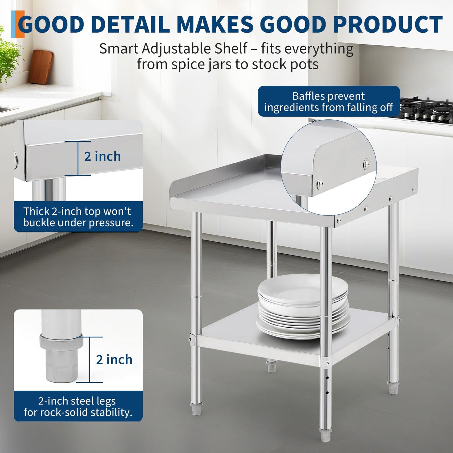 Garvee 48"L x 30"W x 30"H Stainless Steel Grill Stand Table NSF Certified, 400 lbs Capacity, Adjustable Legs, Removable Safety Baffle, Waterproof Tape, Commercial & Home Use