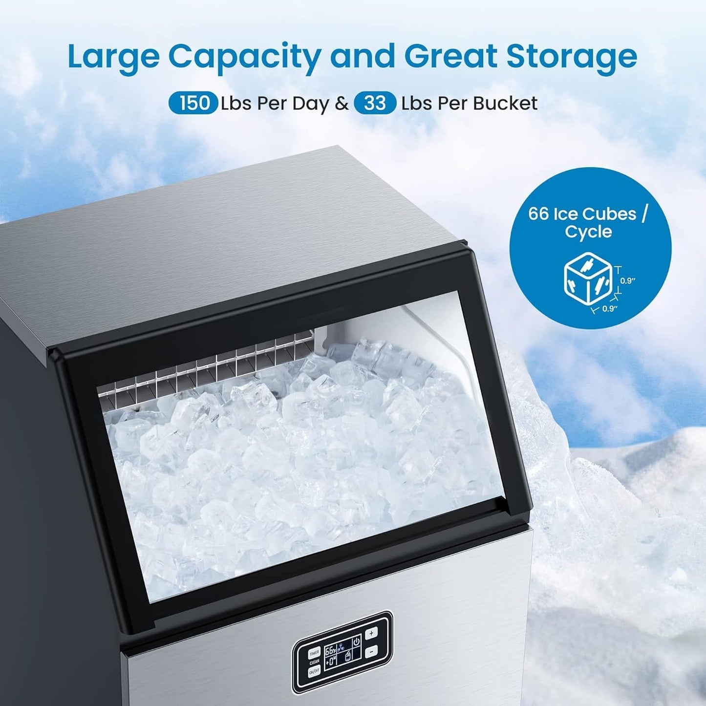Garvee 150LBS/24H Commercial Ice Maker, Ice Maker Machine with 33LBS Storage Capacity, Stainless Steel Ice Machine for Undercounter or Freestanding, Self-Cleaning, 66 Ice Cubes Ready in 5-15Mins