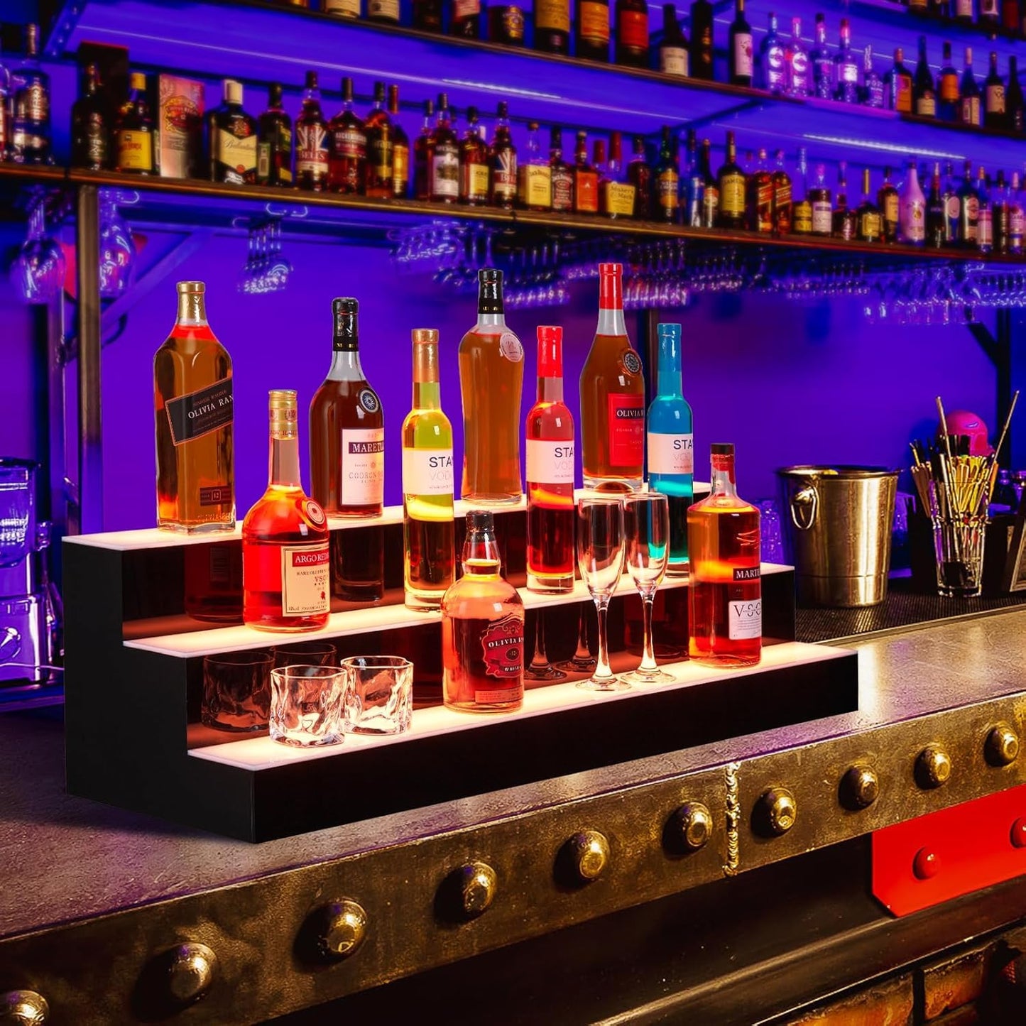 Garvee LED Liquor Bottle Display Shelf 3 Tiers Acrylic 7 Static Colors RF Remote App Control for Home Bar Party