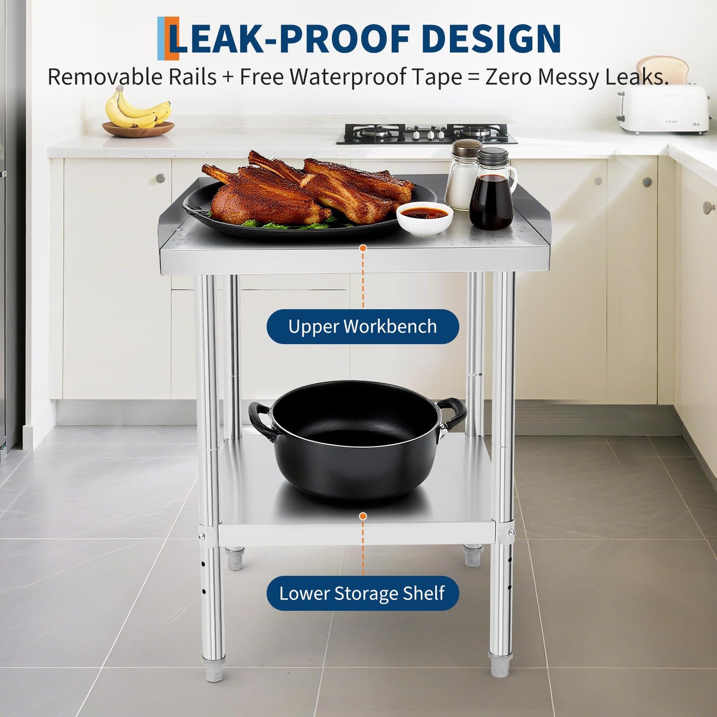 Garvee 48"L x 30"W x 30"H Stainless Steel Grill Stand Table NSF Certified, 400 lbs Capacity, Adjustable Legs, Removable Safety Baffle, Waterproof Tape, Commercial & Home Use