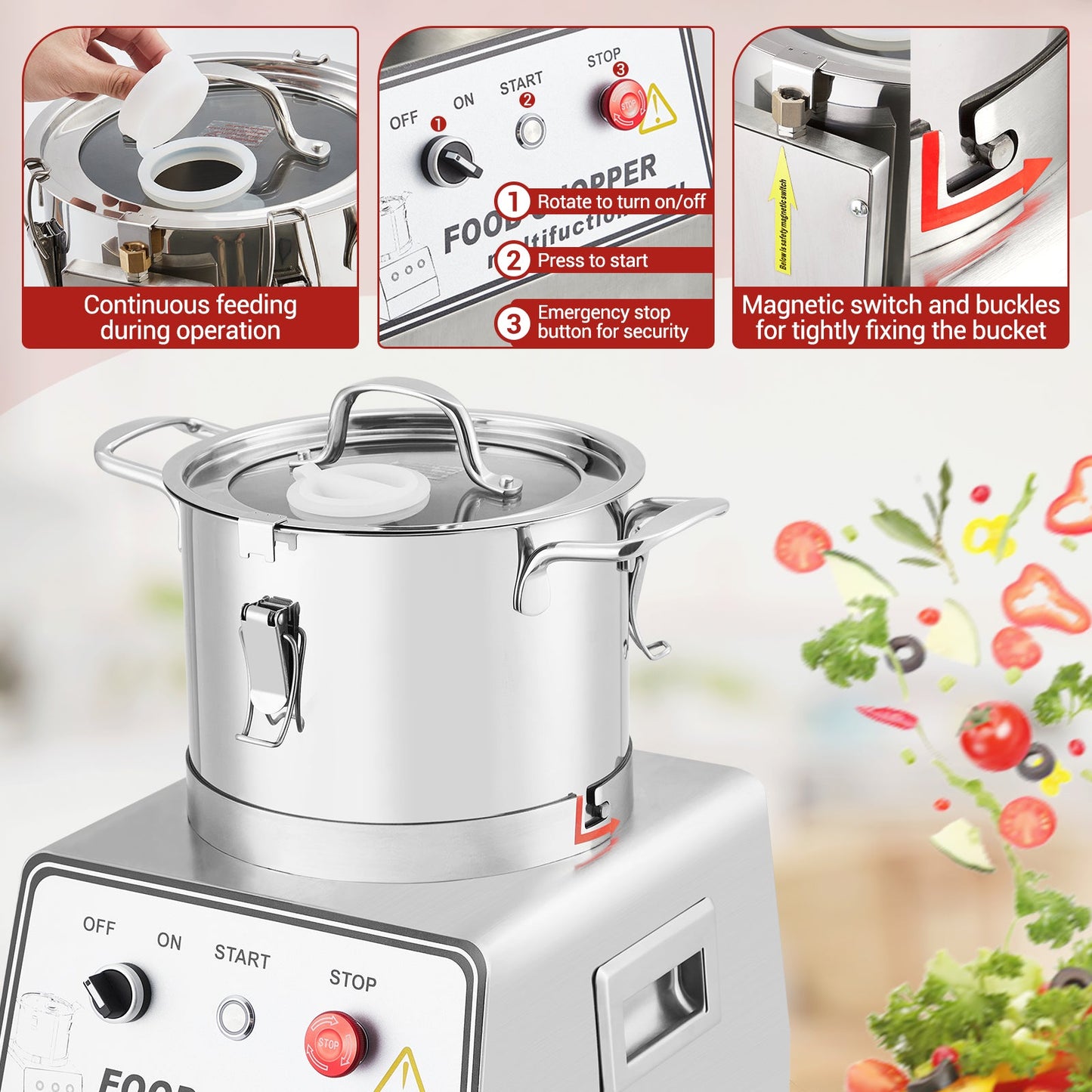 Garvee 1400W Commercial Food Processor, 63 Cup Electric Vegetable Chopper Meat Grinder, Multi-Functional Food Processor with Stainless Steel Body & Blades, Gloves, Brush, 110V