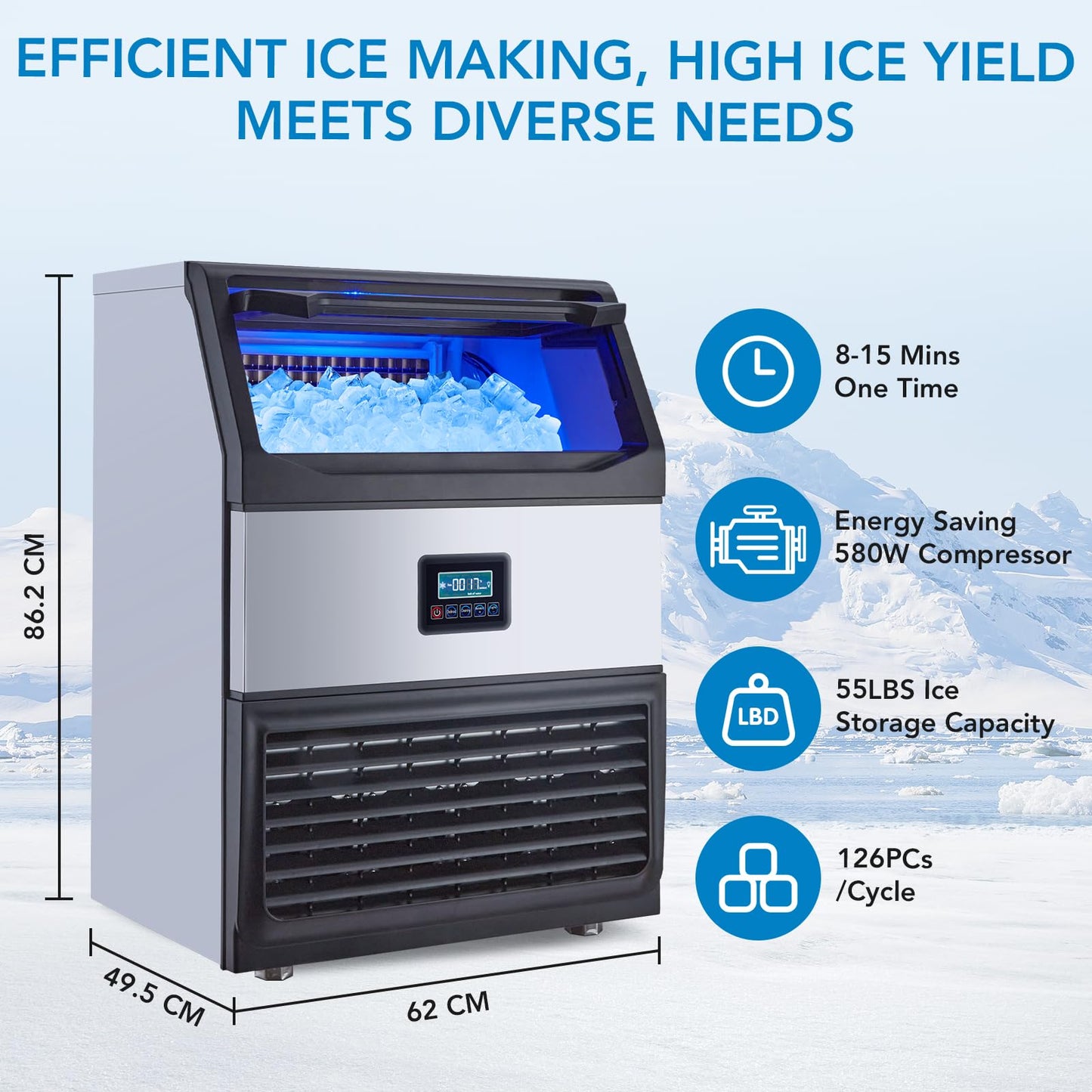 Garvee Ice Maker Machine - 265LB/24H, Stainless Steel, Under Counter, 55 lbs Storage, Self-Cleaning, Blue Light