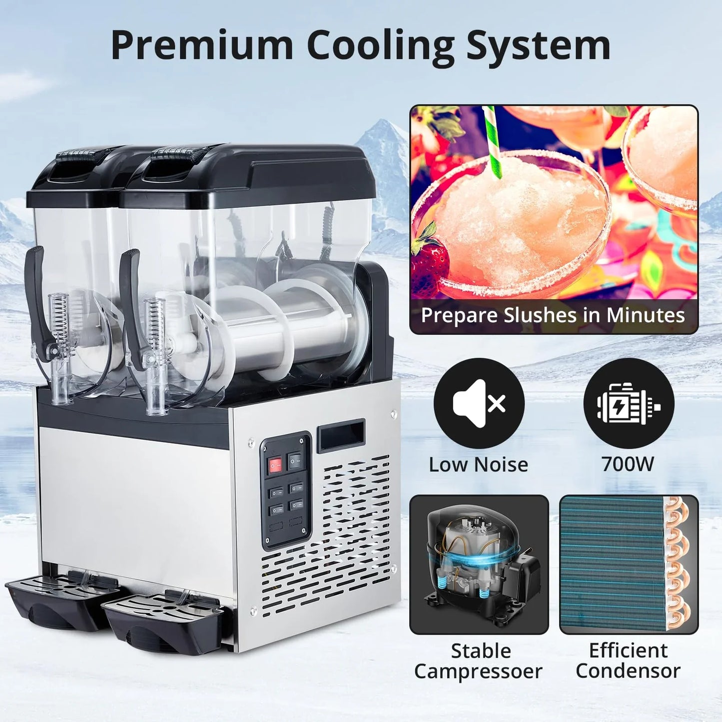 Garvee 24L Commercial Slushy Machine, 700 Watts, Self-Cleaning, Stainless Steel for Margaritas, Snow Melts, Cocktails, Homes, Coffee Shops, Restaurants