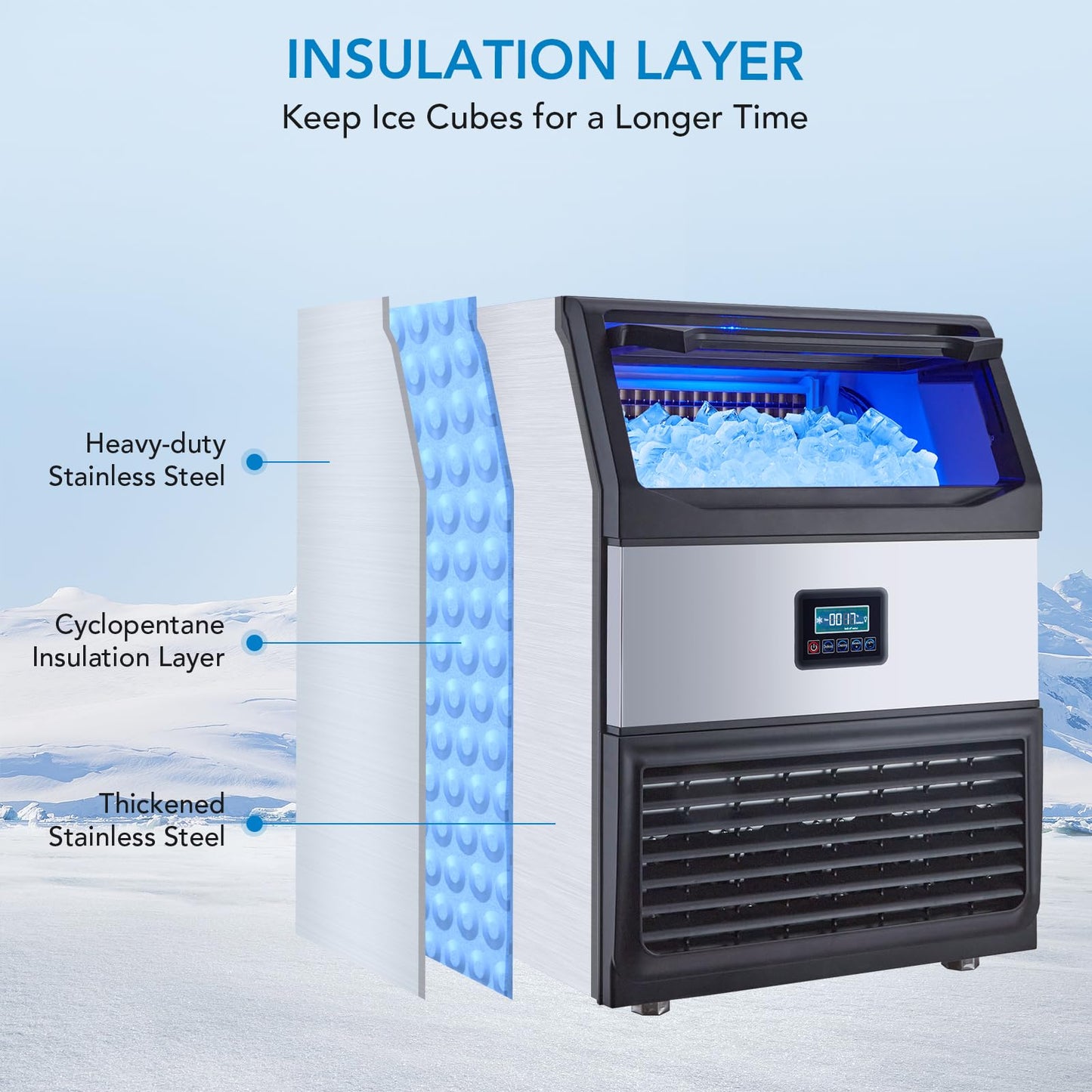 Garvee Ice Maker Machine - 265LB/24H, Stainless Steel, Under Counter, 55 lbs Storage, Self-Cleaning, Blue Light