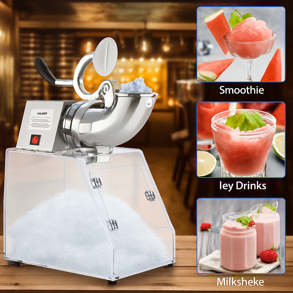 Garvee Commercial Ice Crusher Shaver Snow Cone Maker, Stainless Steel Electric Snow Cone Machine with Dual Blades, Acrylic Box, Safety On/Off Switch, Shaved Ice Machine for Home, Restaurants, Bars