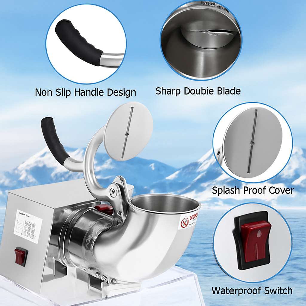 Garvee Commercial Ice Crusher Shaver Snow Cone Maker, Stainless Steel Electric Snow Cone Machine with Dual Blades, Acrylic Box, Safety On/Off Switch, Shaved Ice Machine for Home, Restaurants, Bars