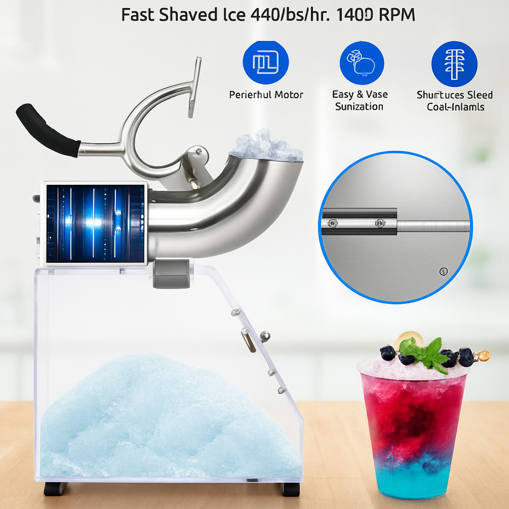 Garvee Commercial Ice Crusher Shaver Snow Cone Maker, Stainless Steel Electric Snow Cone Machine with Dual Blades, Acrylic Box, Safety On/Off Switch, Shaved Ice Machine for Home, Restaurants, Bars